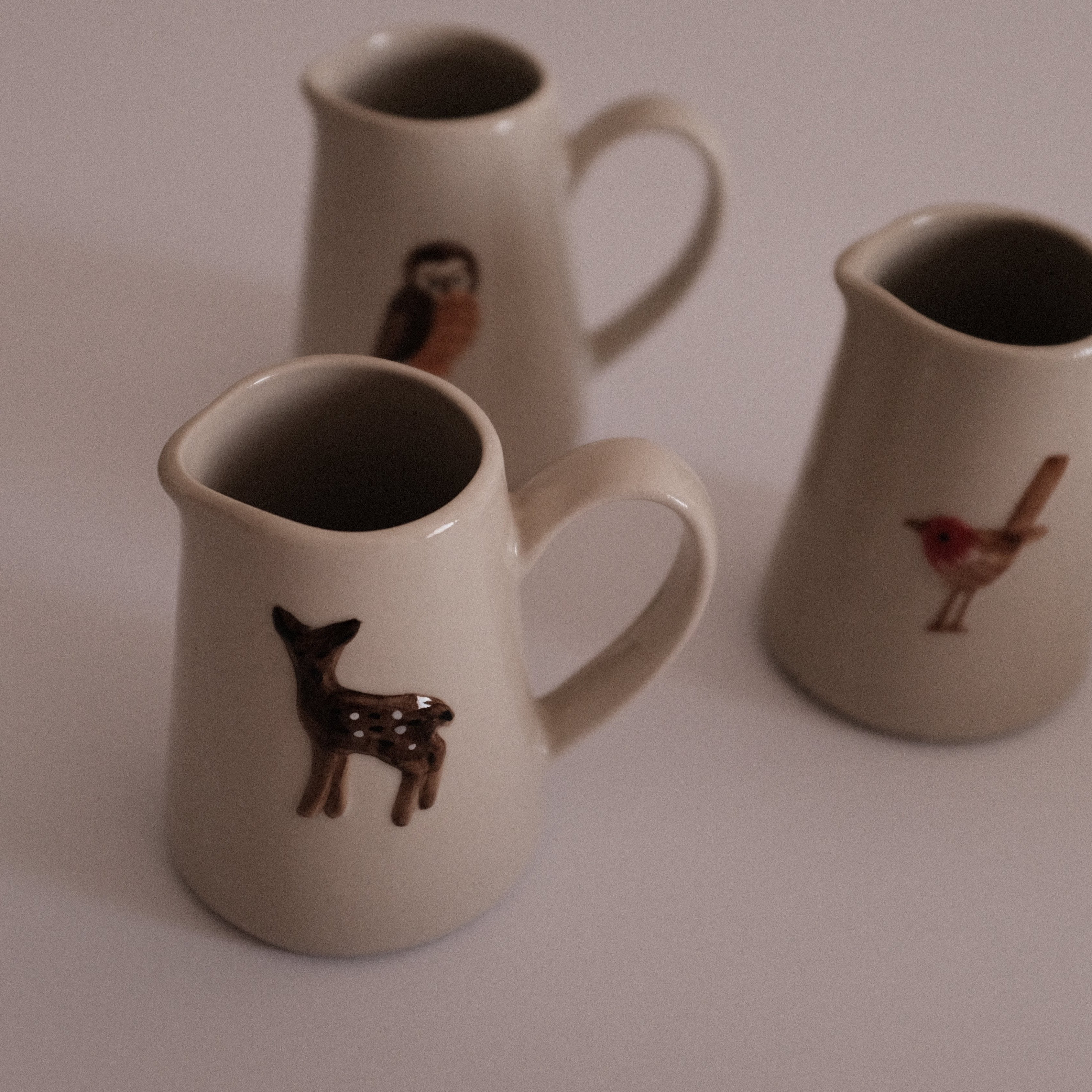 IN THE WOODS Rustic Charm Handpainted Fawn Deer Relief Ceramic Pitcher Jug