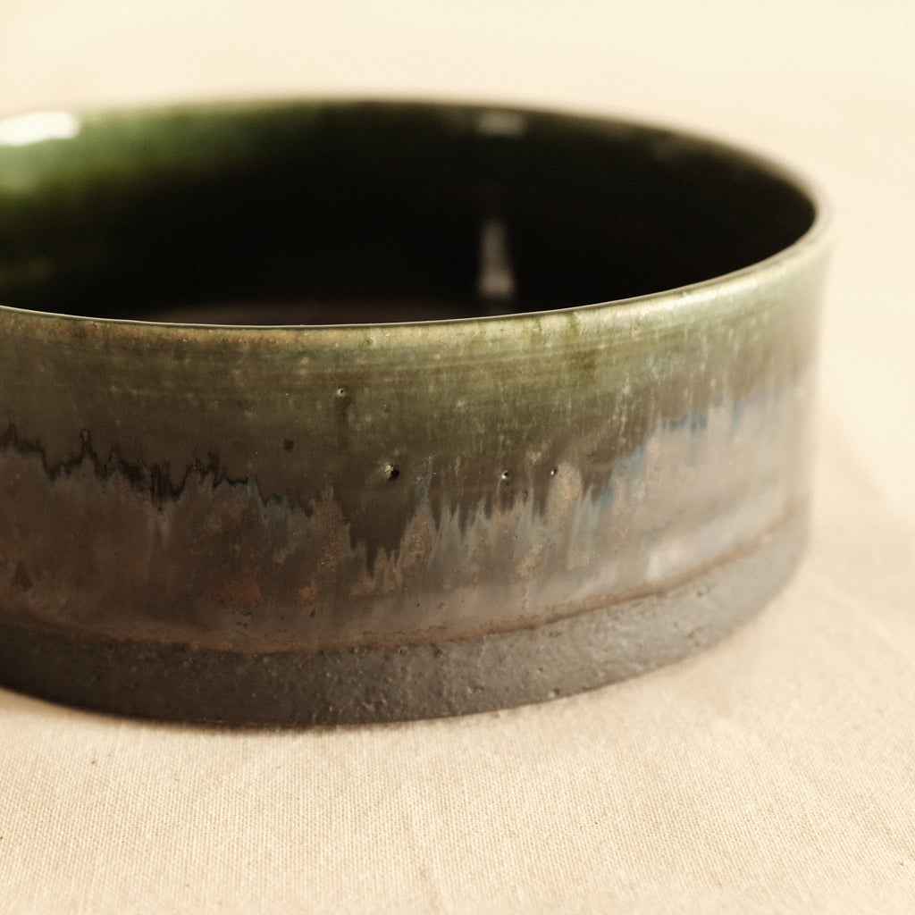 Kuroki Taira Oribe Green Glaze Checkered Dish Bowl