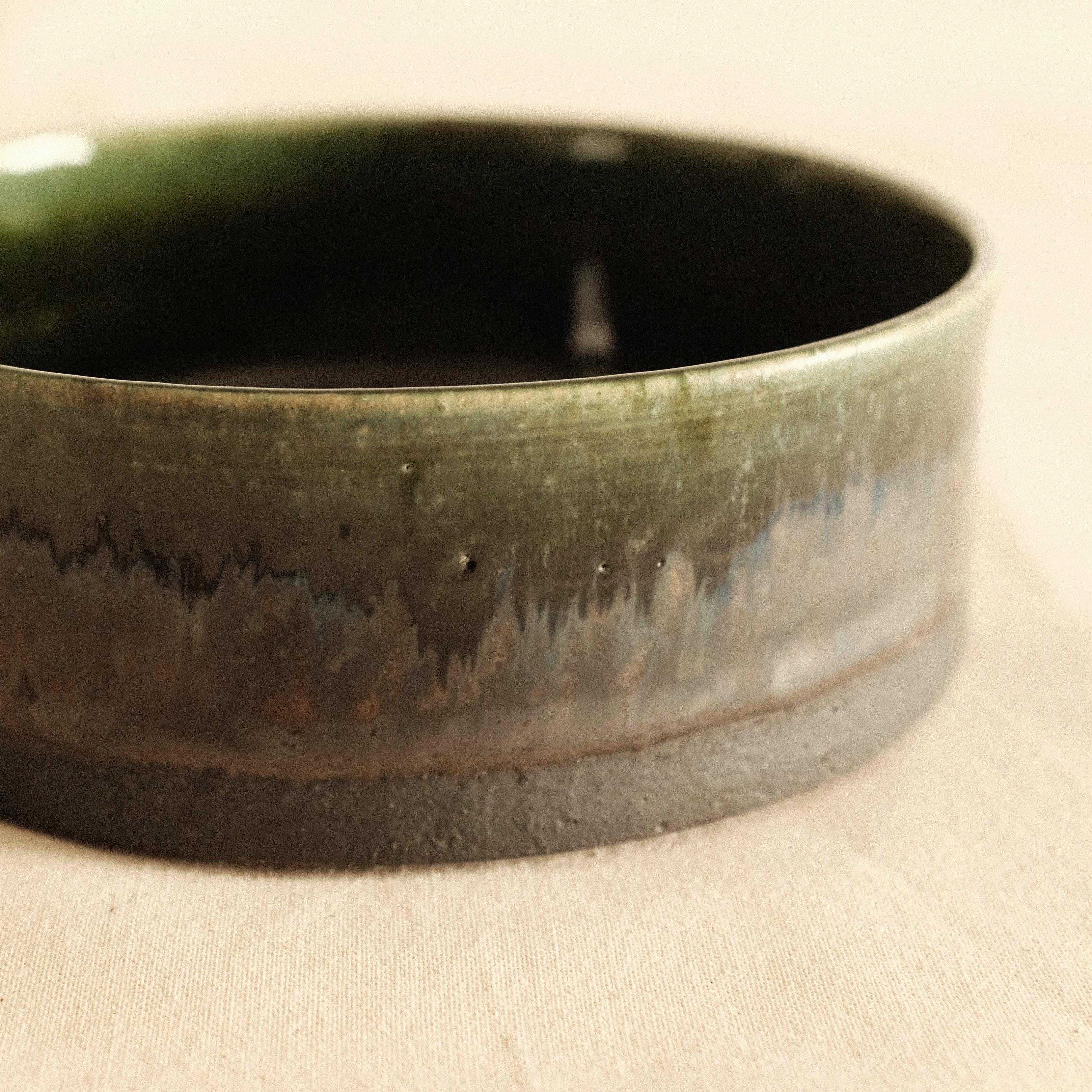 Kuroki Taira Oribe Green Glaze Checkered Dish Bowl