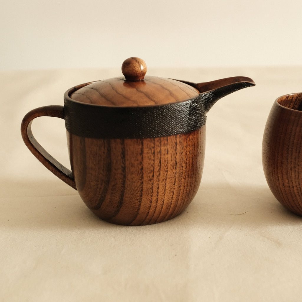 Asanuno Hemp Fabric Covered Wooden Teapot with Egg Shape Wooden Cup Norawan Set