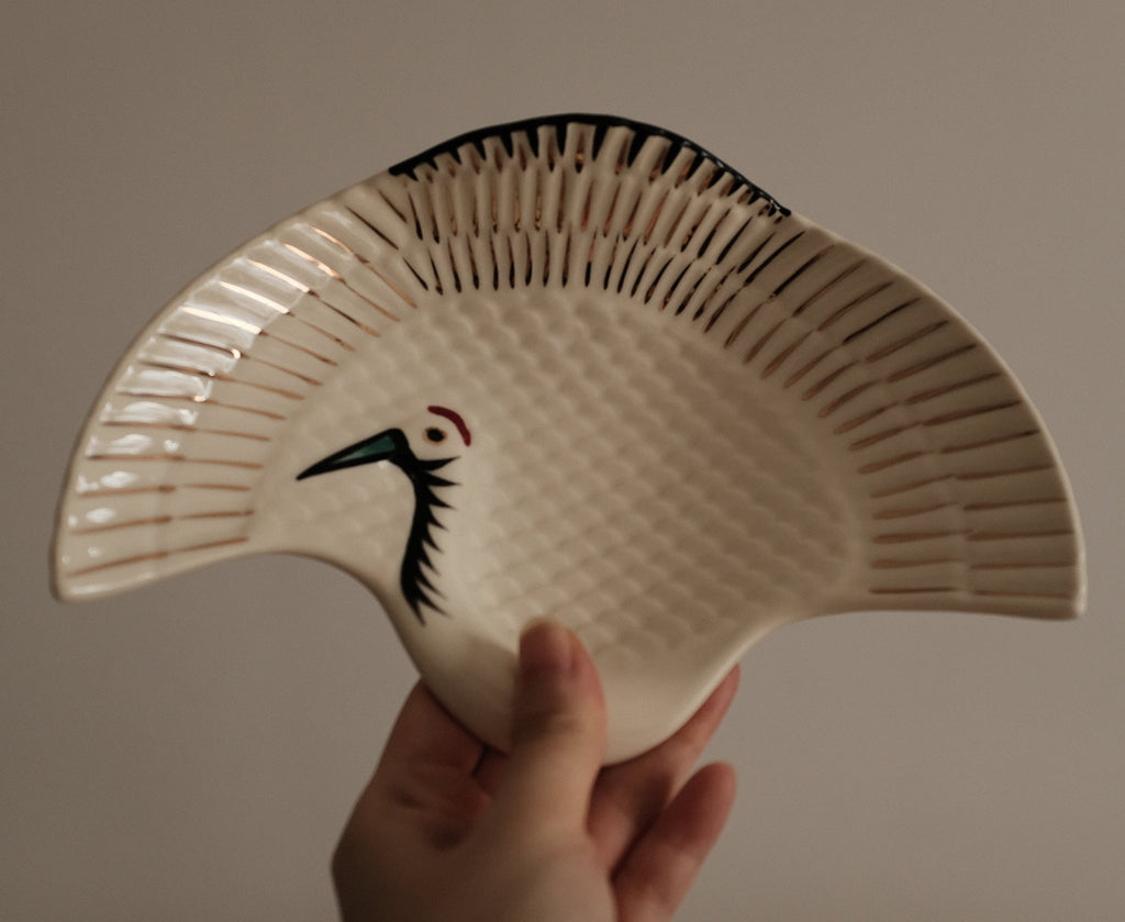 Tsuru White Crane Underglazed Cream Ceramic Dish Plate
