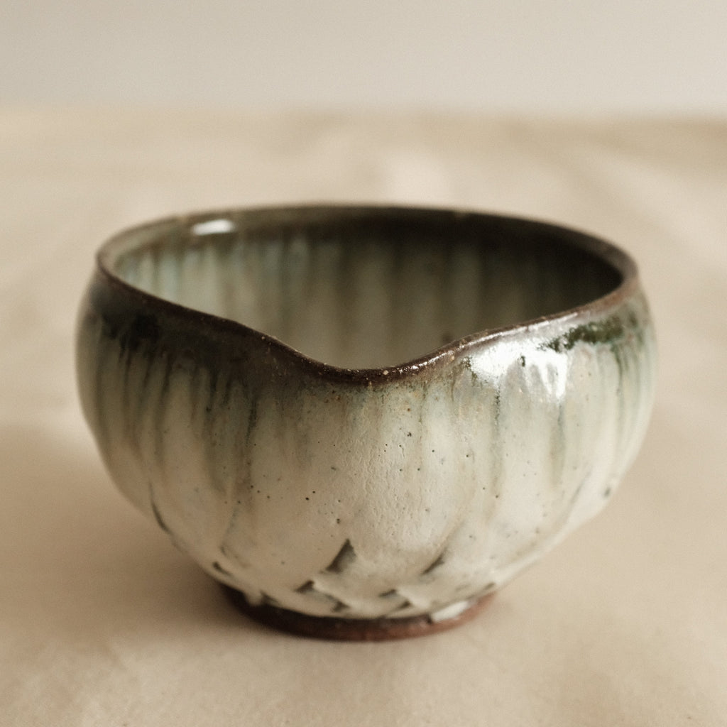 Masamura Japan Carved Artichoke Moss Green Japan Katakuchi Chawan Matcha Bowl with Spout