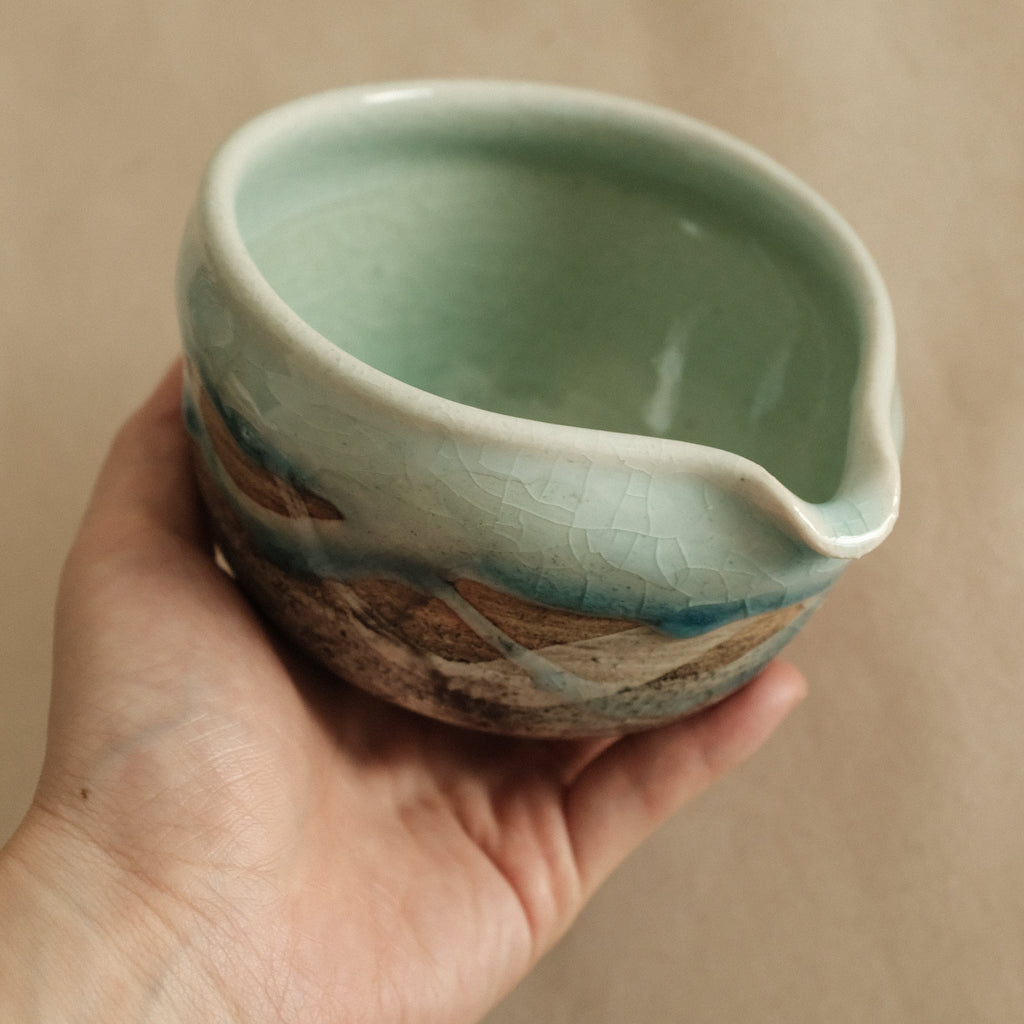 Hatsuichi Japan Mizuiro Light Blue Nagashi Katakuchi Chawan Matcha Bowl Minoware