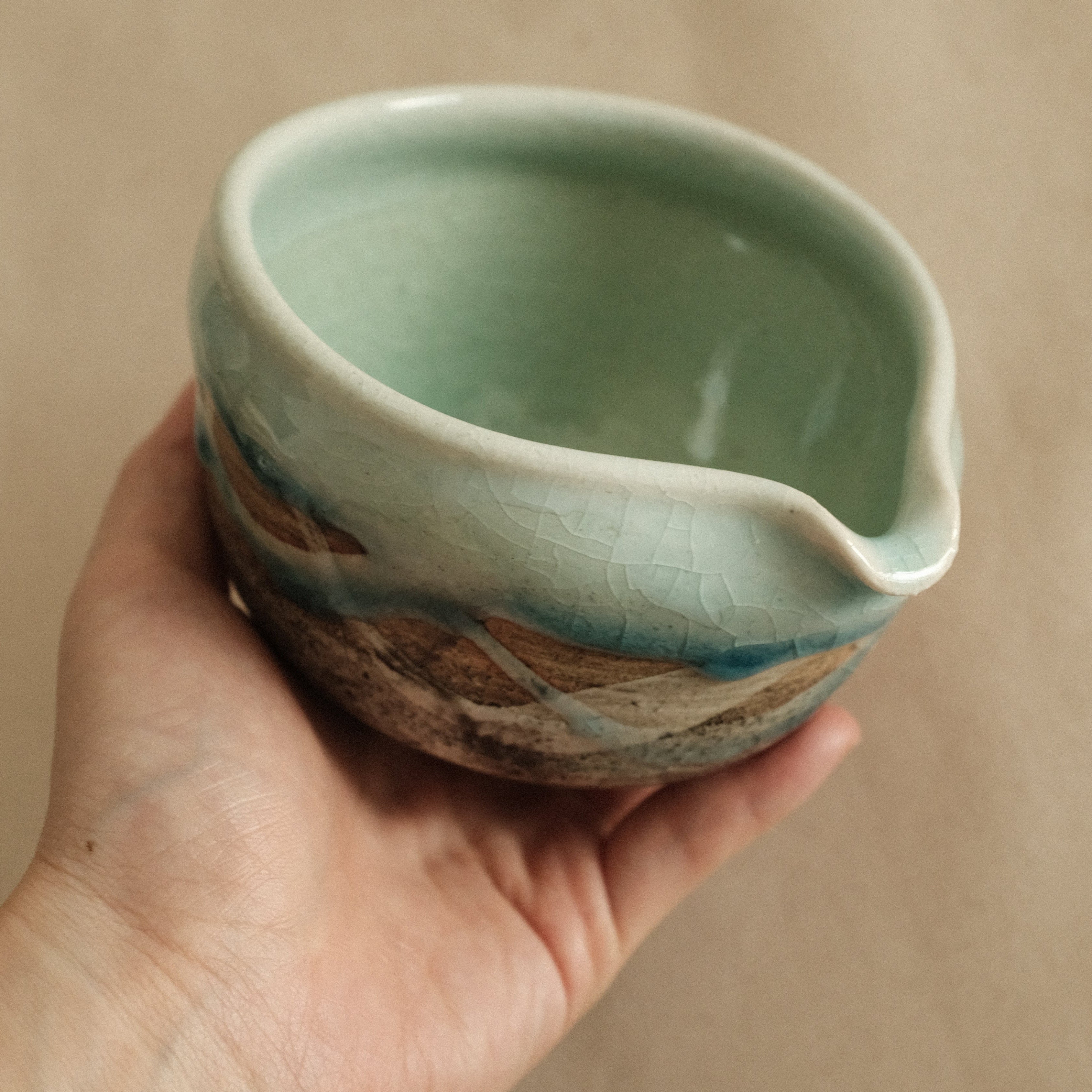 Hatsuichi Japan Mizuiro Light Blue Nagashi Katakuchi Chawan Matcha Bowl Minoware