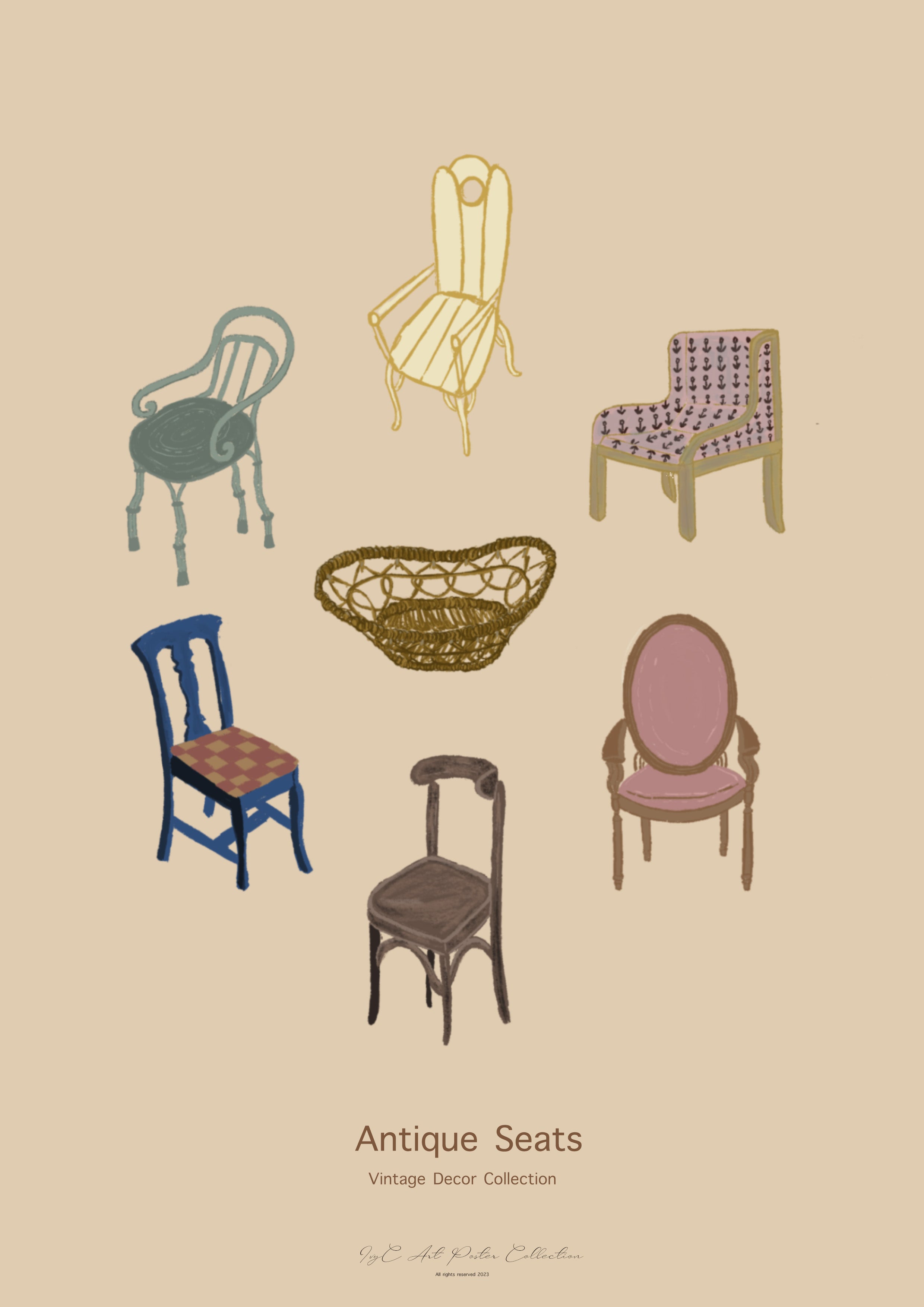IvyC Art A3 Size Poster Antique Seats Vintage Decor Collection