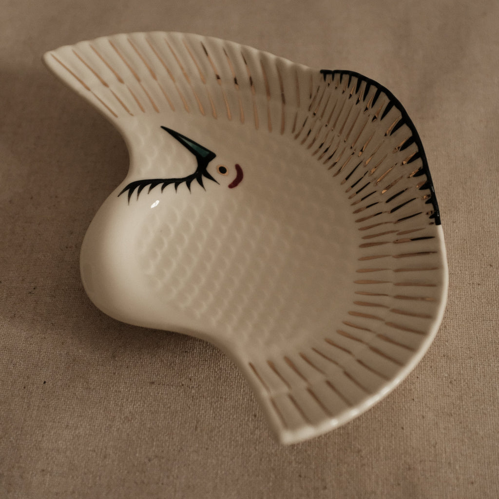 Tsuru White Crane Underglazed Cream Ceramic Dish Plate