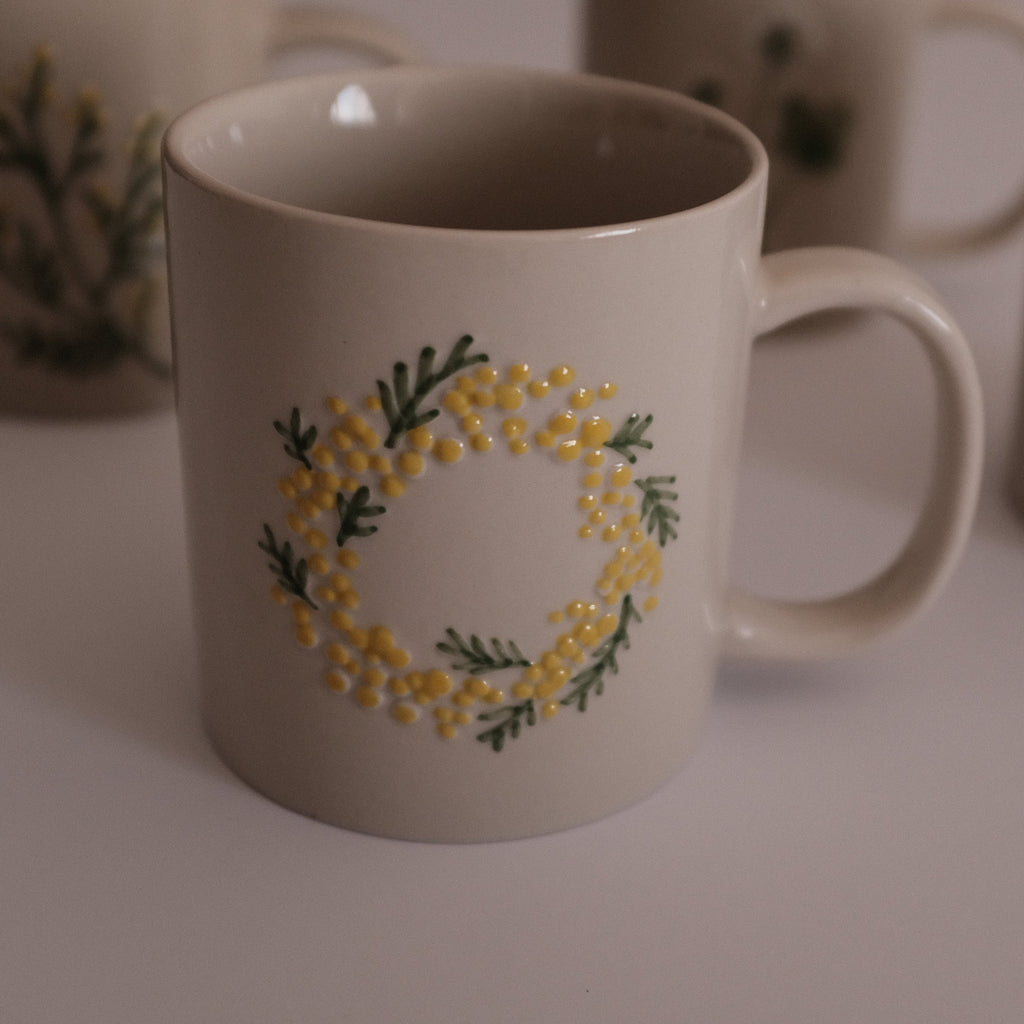 SUMMERIE Rustic Charm Whimsical Floral Mimosa Relief Ceramic Mug