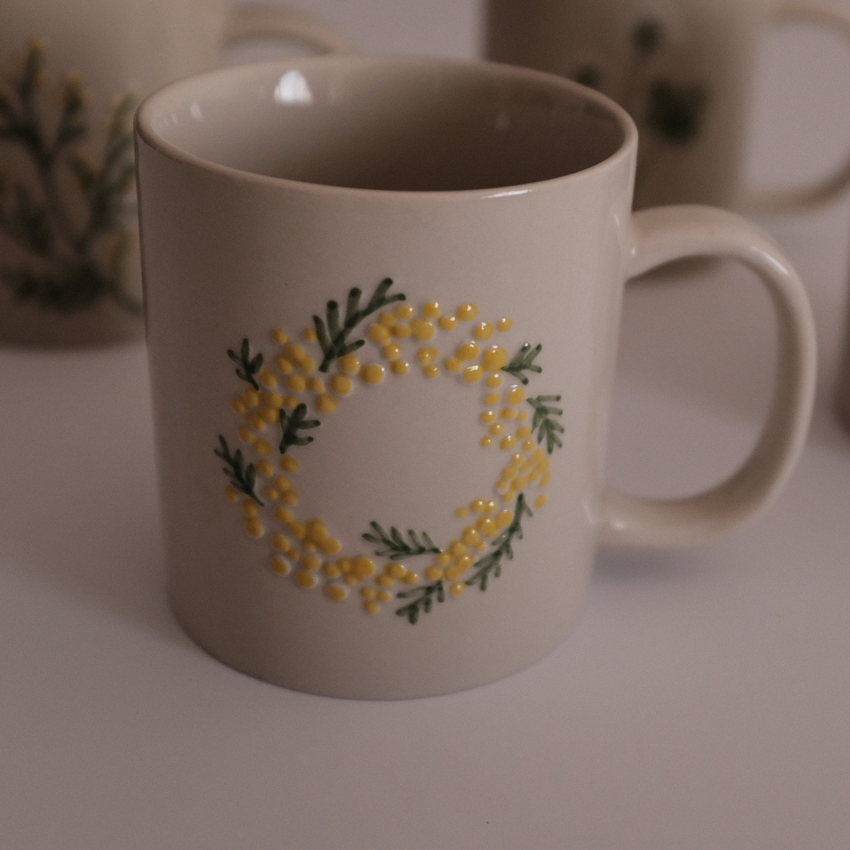 SUMMERIE Rustic Charm Whimsical Floral Mimosa Relief Ceramic Mug