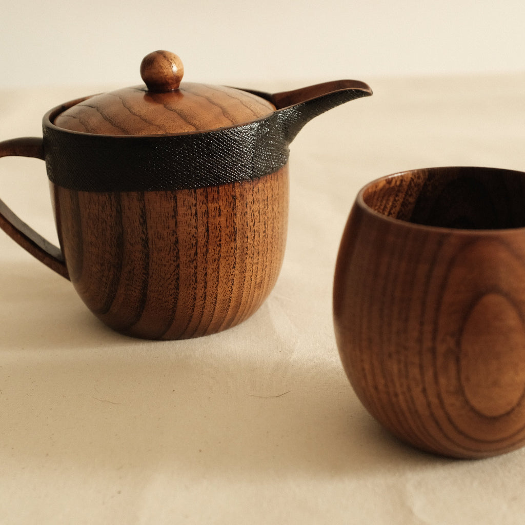 Asanuno Hemp Fabric Covered Wooden Teapot with Egg Shape Wooden Cup Norawan Set