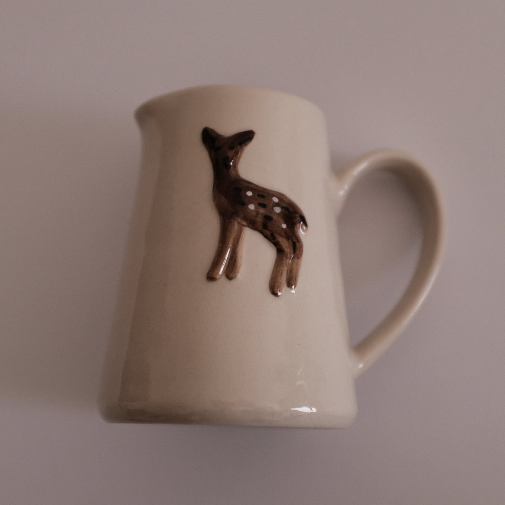 IN THE WOODS Rustic Charm Handpainted Fawn Deer Relief Ceramic Pitcher Jug