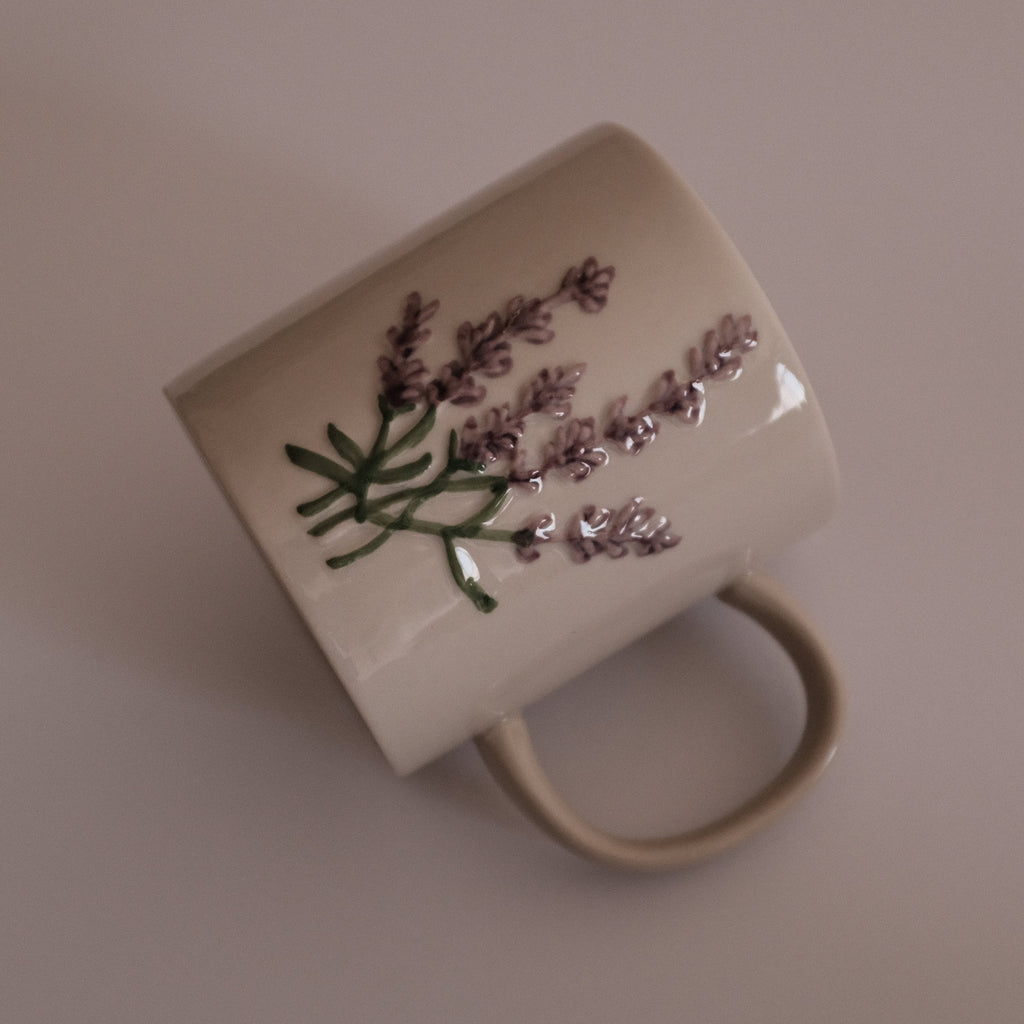 SUMMERIE Rustic Charm Whimsical Floral Lavender Relief Ceramic Mug