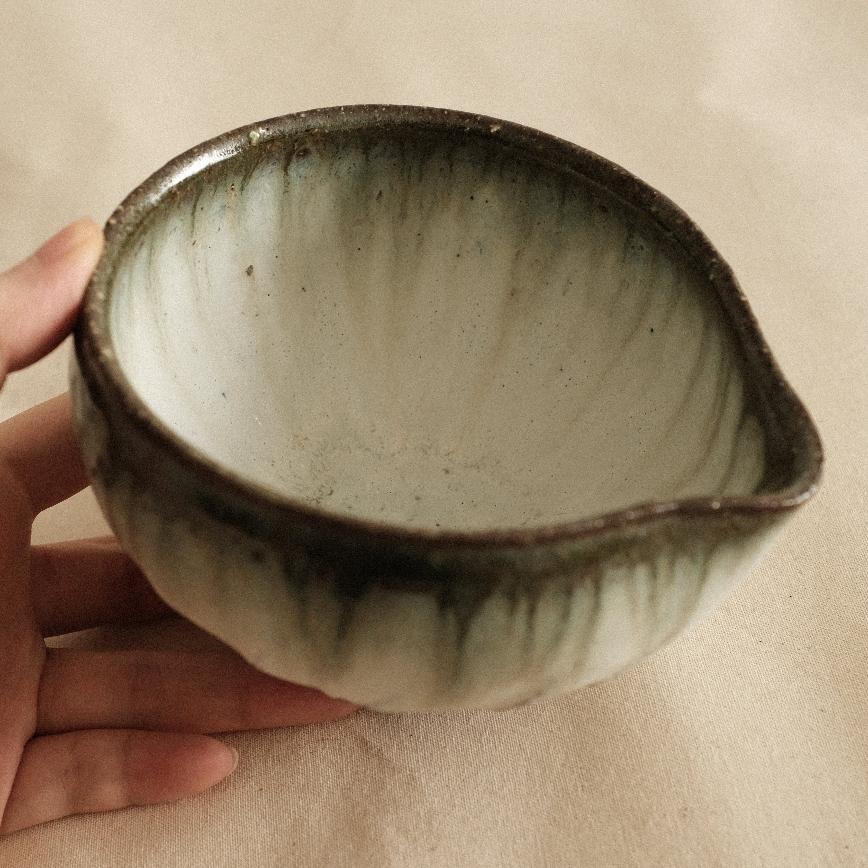 Masamura Japan Carved Artichoke Moss Green Japan Katakuchi Chawan Matcha Bowl with Spout