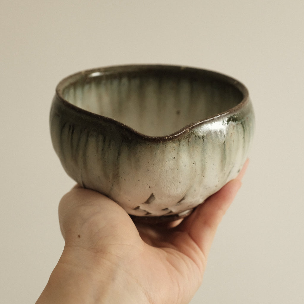 Masamura Japan Carved Artichoke Moss Green Japan Katakuchi Chawan Matcha Bowl with Spout