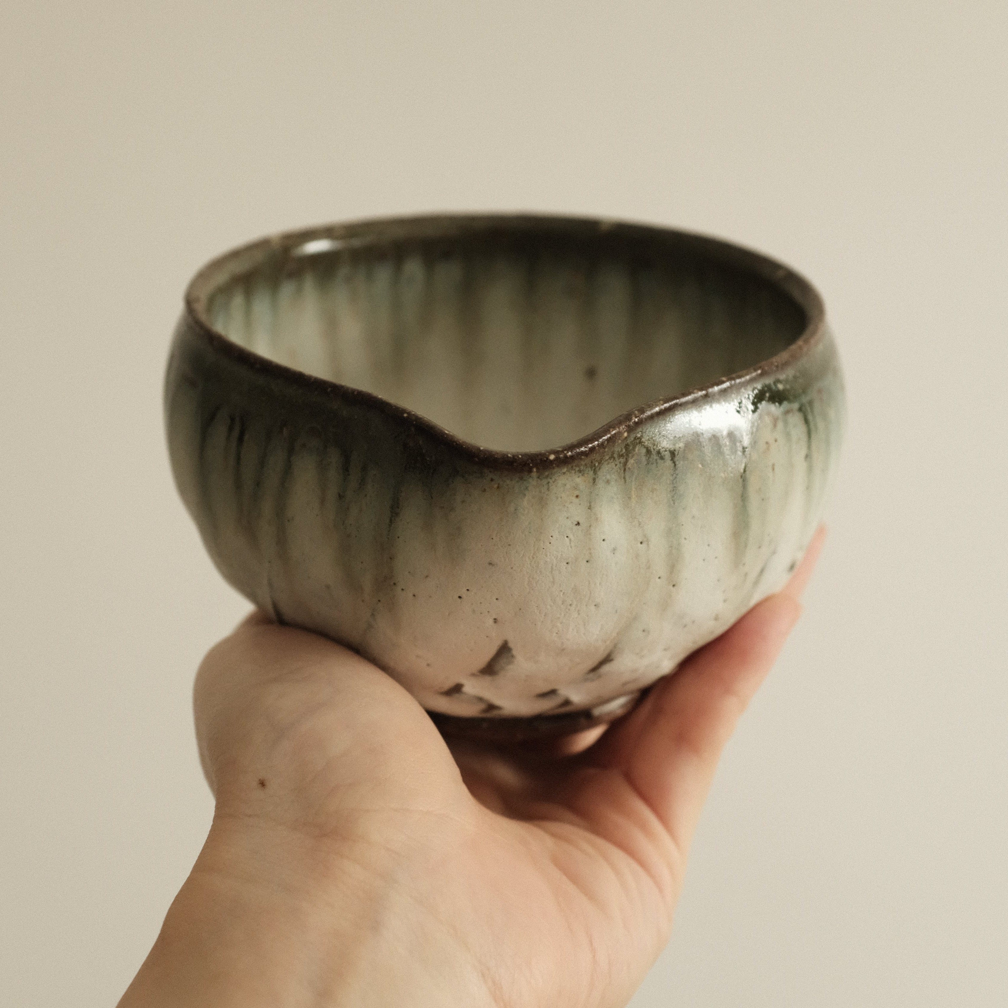 Masamura Japan Carved Artichoke Moss Green Japan Katakuchi Chawan Matcha Bowl with Spout