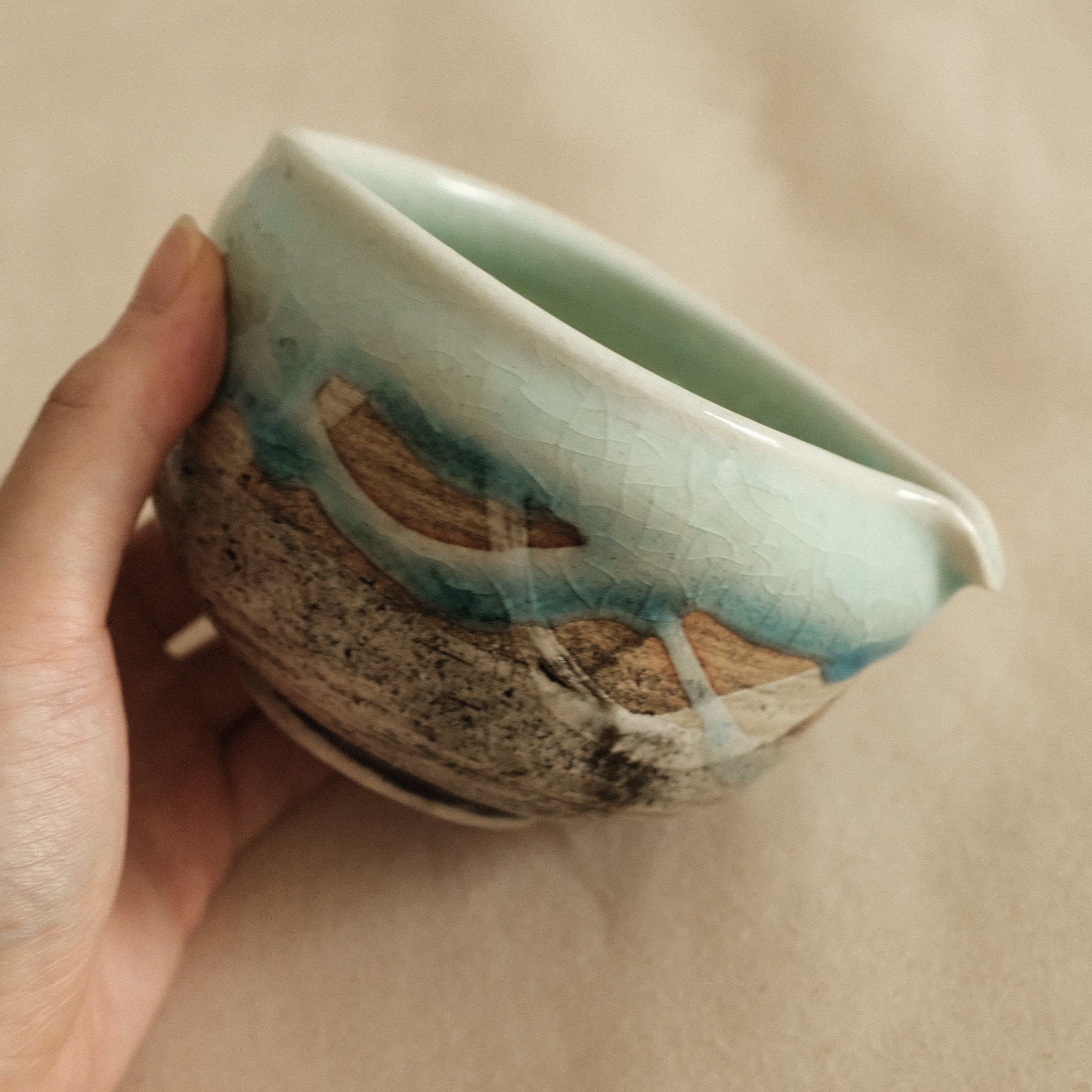 Hatsuichi Japan Mizuiro Light Blue Nagashi Katakuchi Chawan Matcha Bowl Minoware