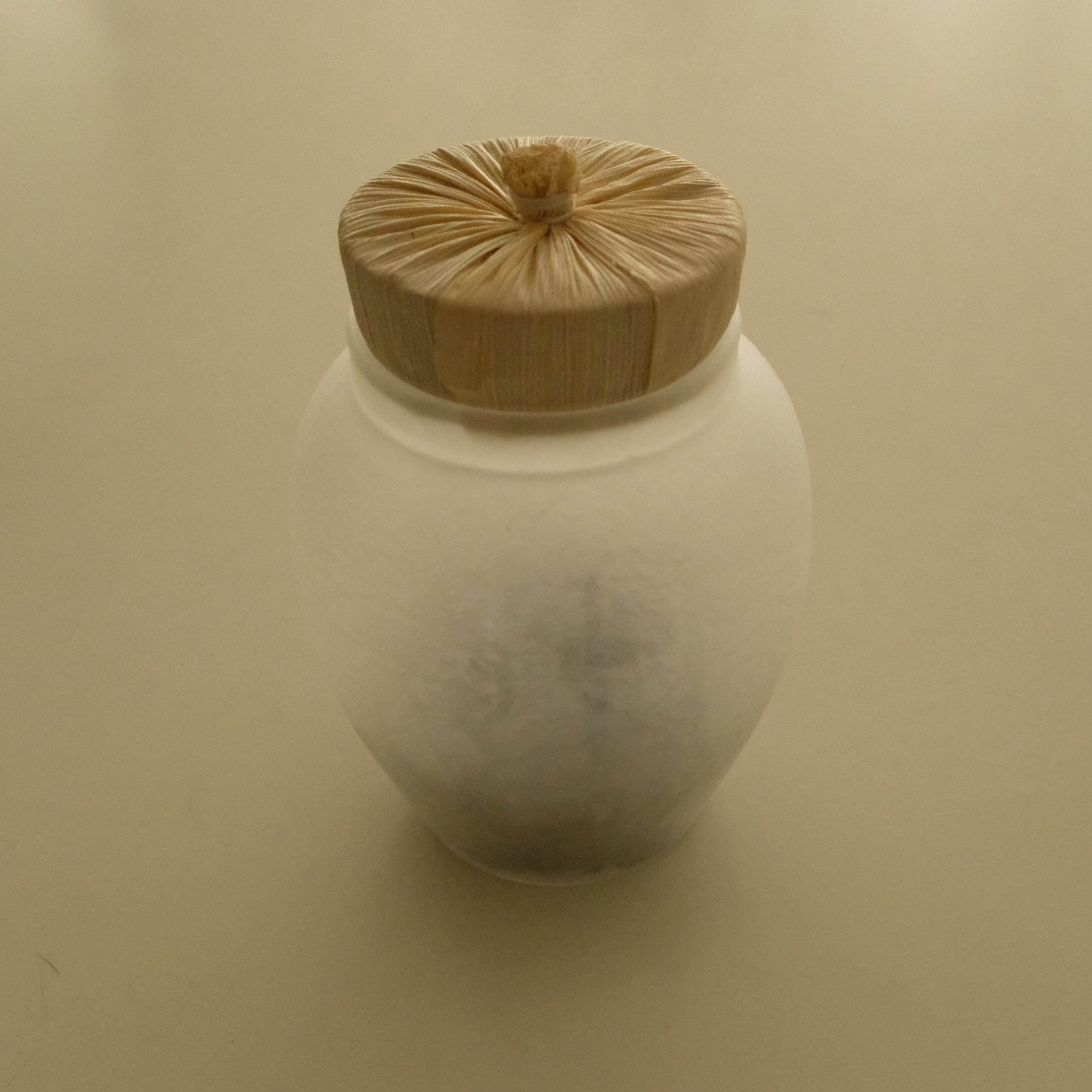 A frosted glass jar with a light natural wood lid, photographed on a plain beige background.