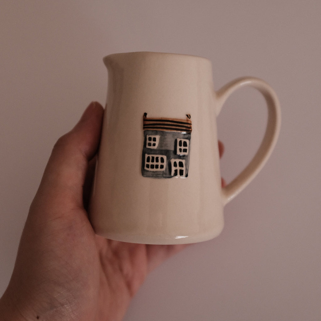 IN THE WOODS Rustic Charm Handpainted Country House Relief Ceramic Pitcher Jug