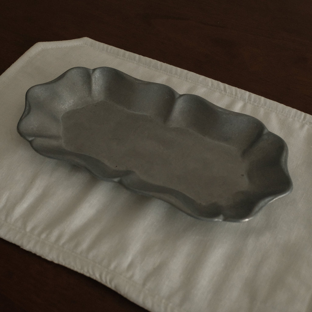 BIJOU French Retro Floral Rim Gray Silver Long Metal Dish Plate Dessert Plate