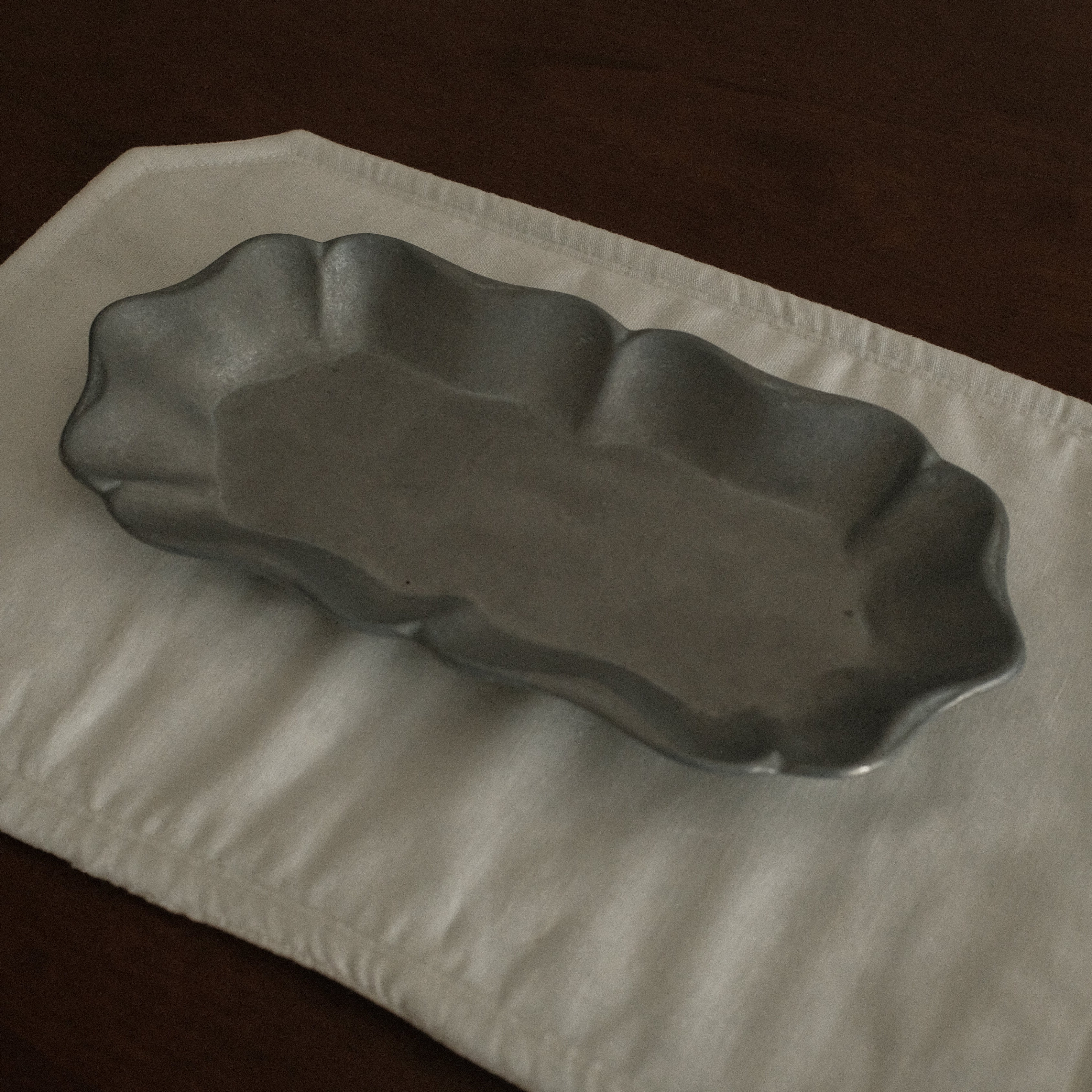 BIJOU French Retro Floral Rim Gray Silver Long Metal Dish Plate Dessert Plate