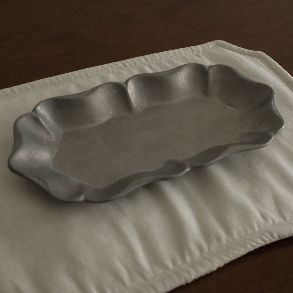 BIJOU French Retro Floral Rim Gray Silver Long Metal Dish Plate Dessert Plate