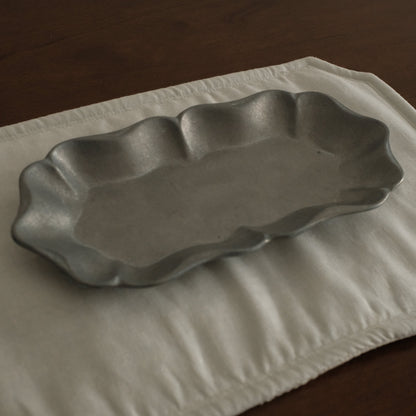 BIJOU French Retro Floral Rim Gray Silver Long Metal Dish Plate Dessert Plate