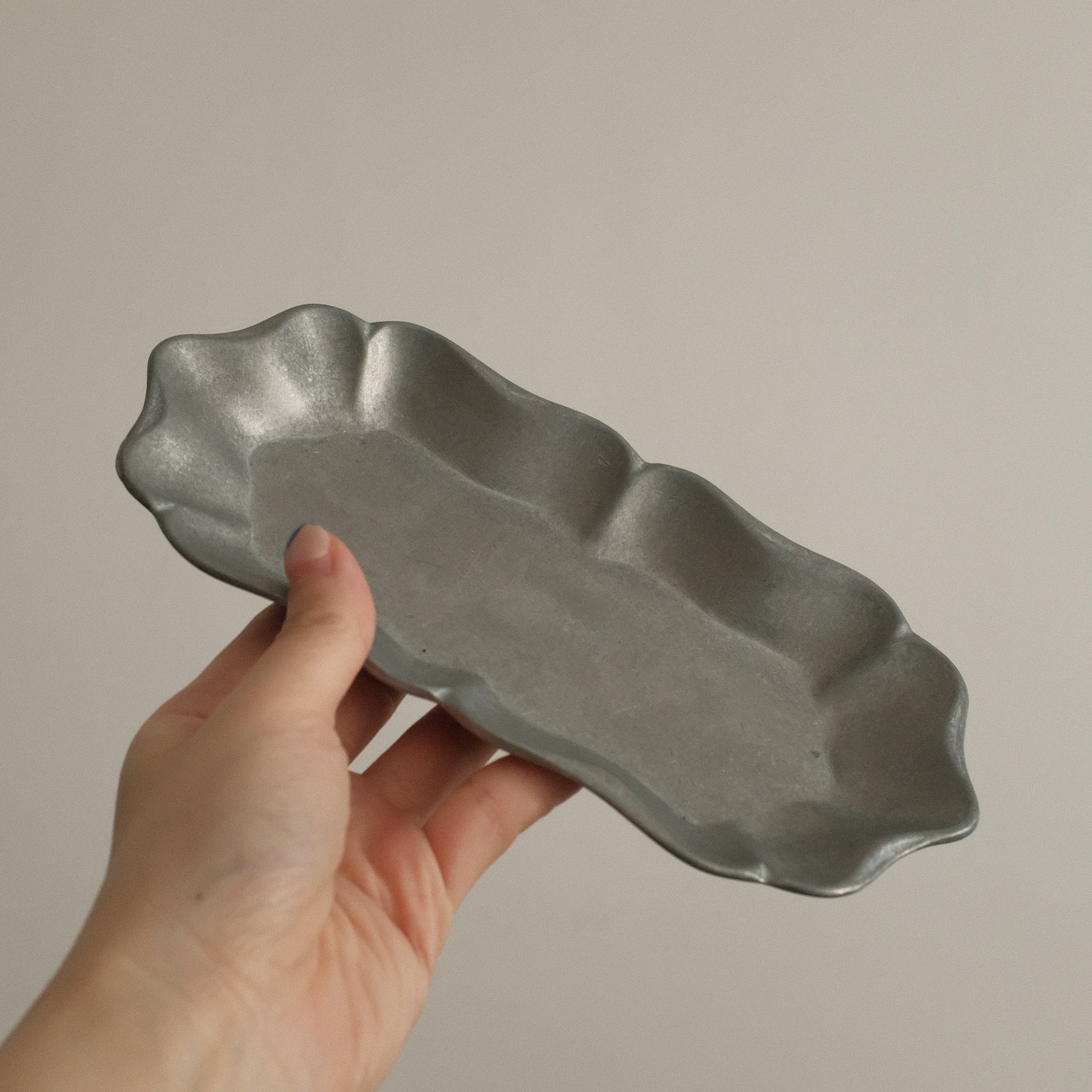 Hand holding a gray metal dish against a plain background
