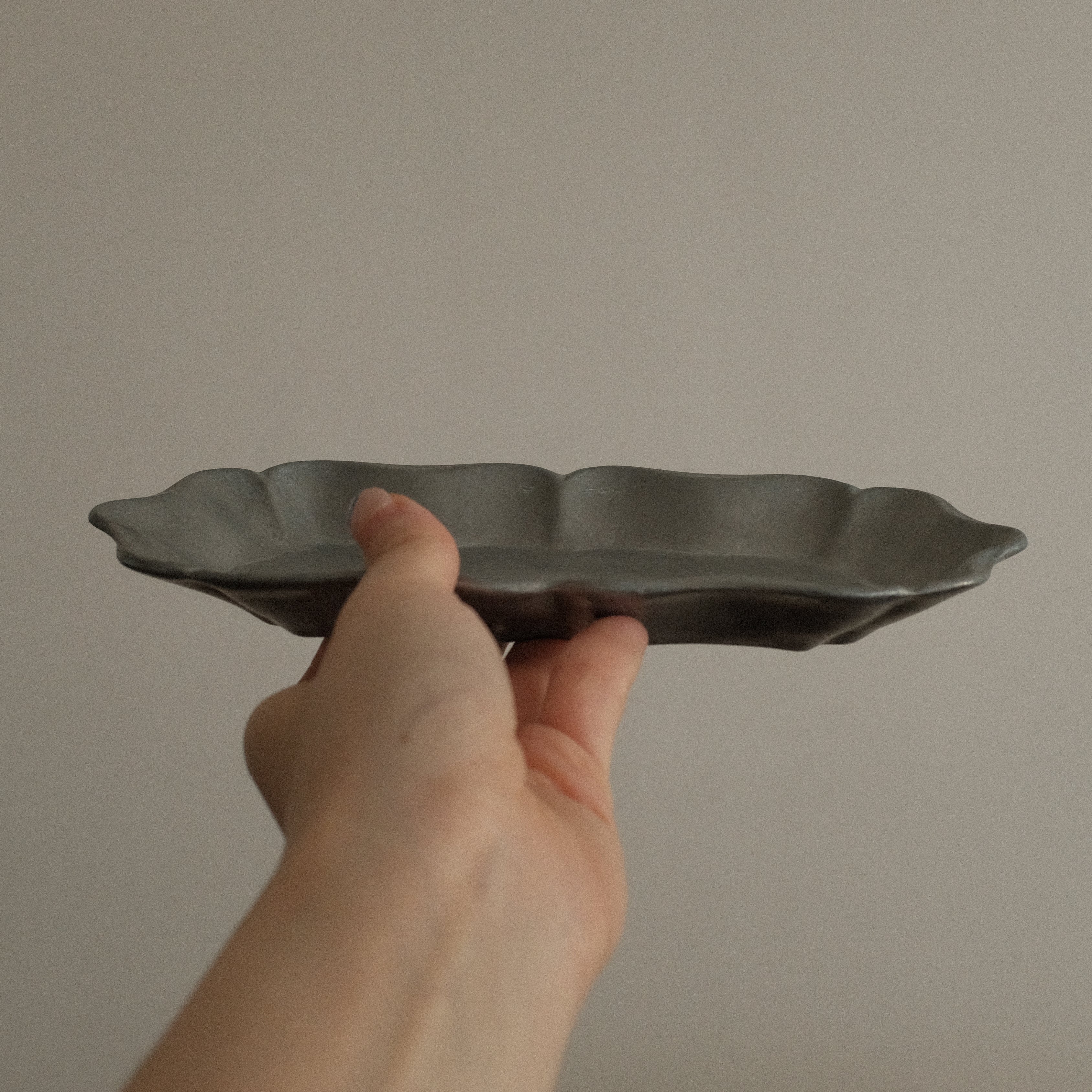 Hand holding a gray ceramic dish against a plain background