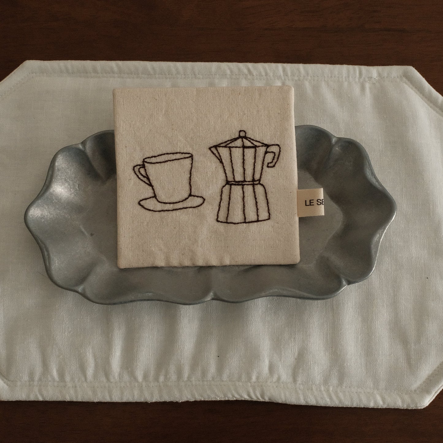 Le Serein Moka Pot with Cup Saucer Pattern Hand Embroidered French Linen Coasters Heat Insulation Table Mats Decorations