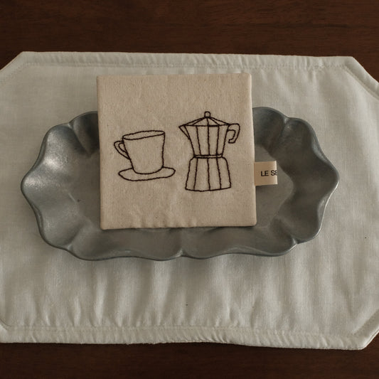 Le Serein Moka Pot with Cup Saucer Pattern Hand Embroidered French Linen Coasters Heat Insulation Table Mats Decorations