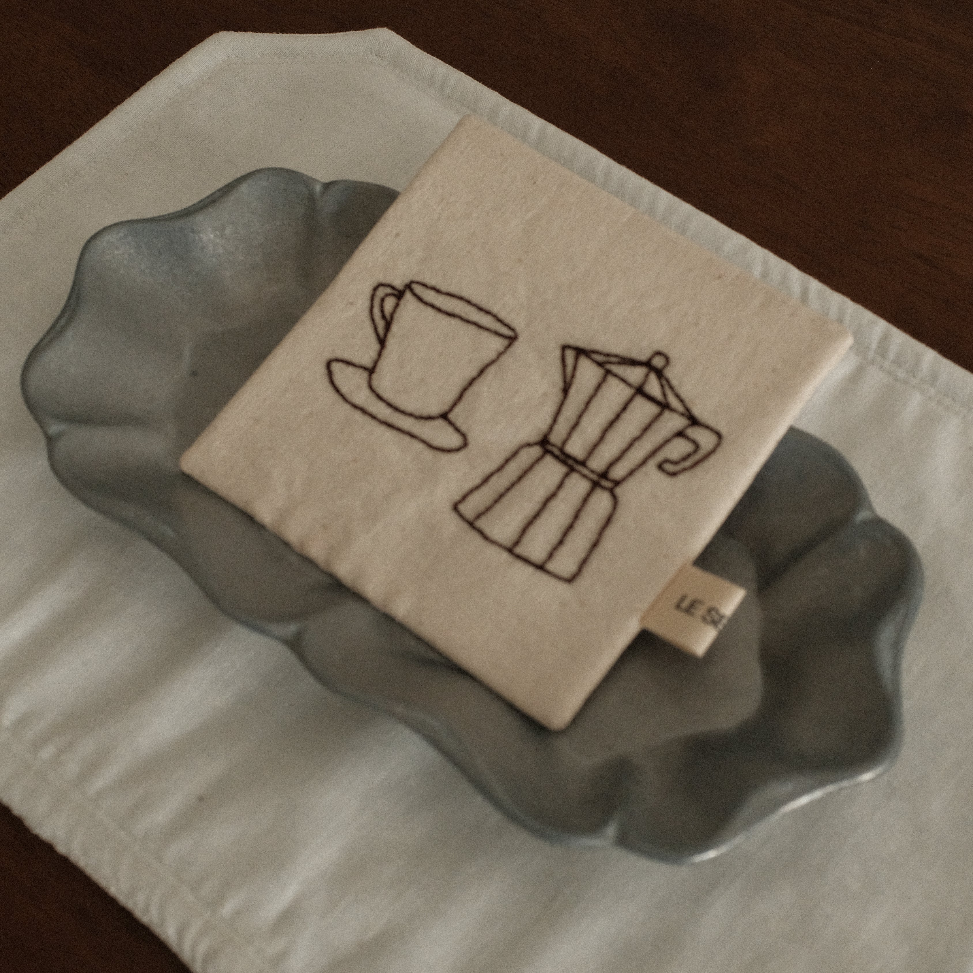 Le Serein Moka Pot with Cup Saucer Pattern Hand Embroidered French Linen Coasters Heat Insulation Table Mats Decorations