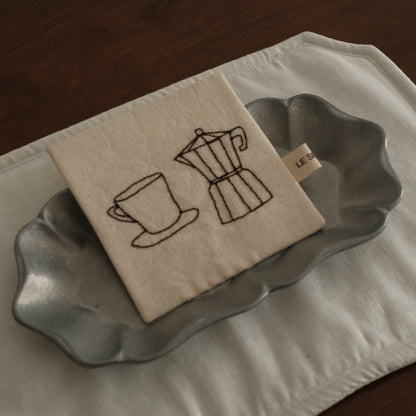 Le Serein Moka Pot with Cup Saucer Pattern Hand Embroidered French Linen Coasters Heat Insulation Table Mats Decorations