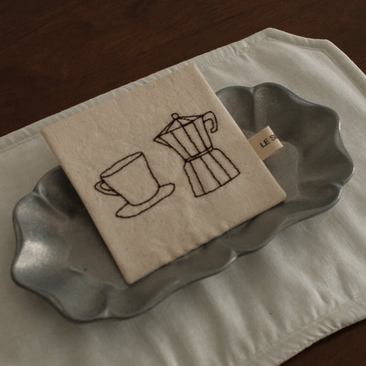 Le Serein Moka Pot with Cup Saucer Pattern Hand Embroidered French Linen Coasters Heat Insulation Table Mats Decorations