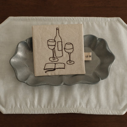 Le Serein Evening Reading Time with Wine Pattern Hand Embroidered French Linen Coasters Heat Insulation Table Mats Decorations