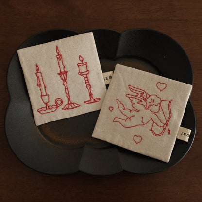 Le Serein Cupid's Love Pattern Hand Embroidered French Linen Coasters Heat Insulation Table Mats Decorations