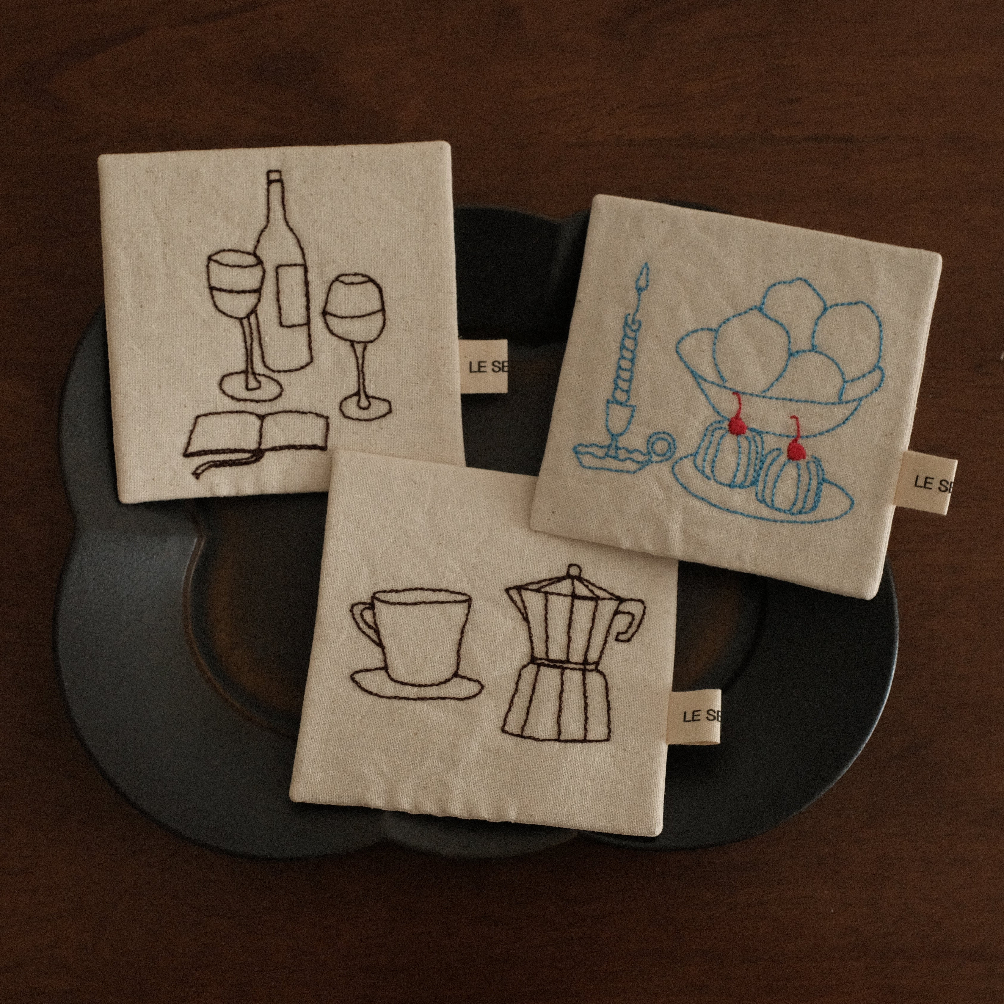 Le Serein Moka Pot with Cup Saucer Pattern Hand Embroidered French Linen Coasters Heat Insulation Table Mats Decorations