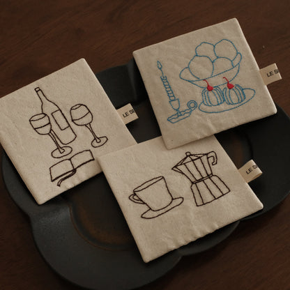 Le Serein Evening Reading Time with Wine Pattern Hand Embroidered French Linen Coasters Heat Insulation Table Mats Decorations