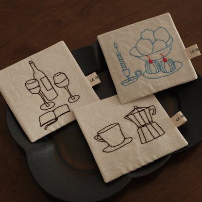 Le Serein Moka Pot with Cup Saucer Pattern Hand Embroidered French Linen Coasters Heat Insulation Table Mats Decorations