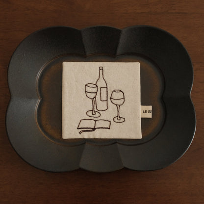 Le Serein Evening Reading Time with Wine Pattern Hand Embroidered French Linen Coasters Heat Insulation Table Mats Decorations