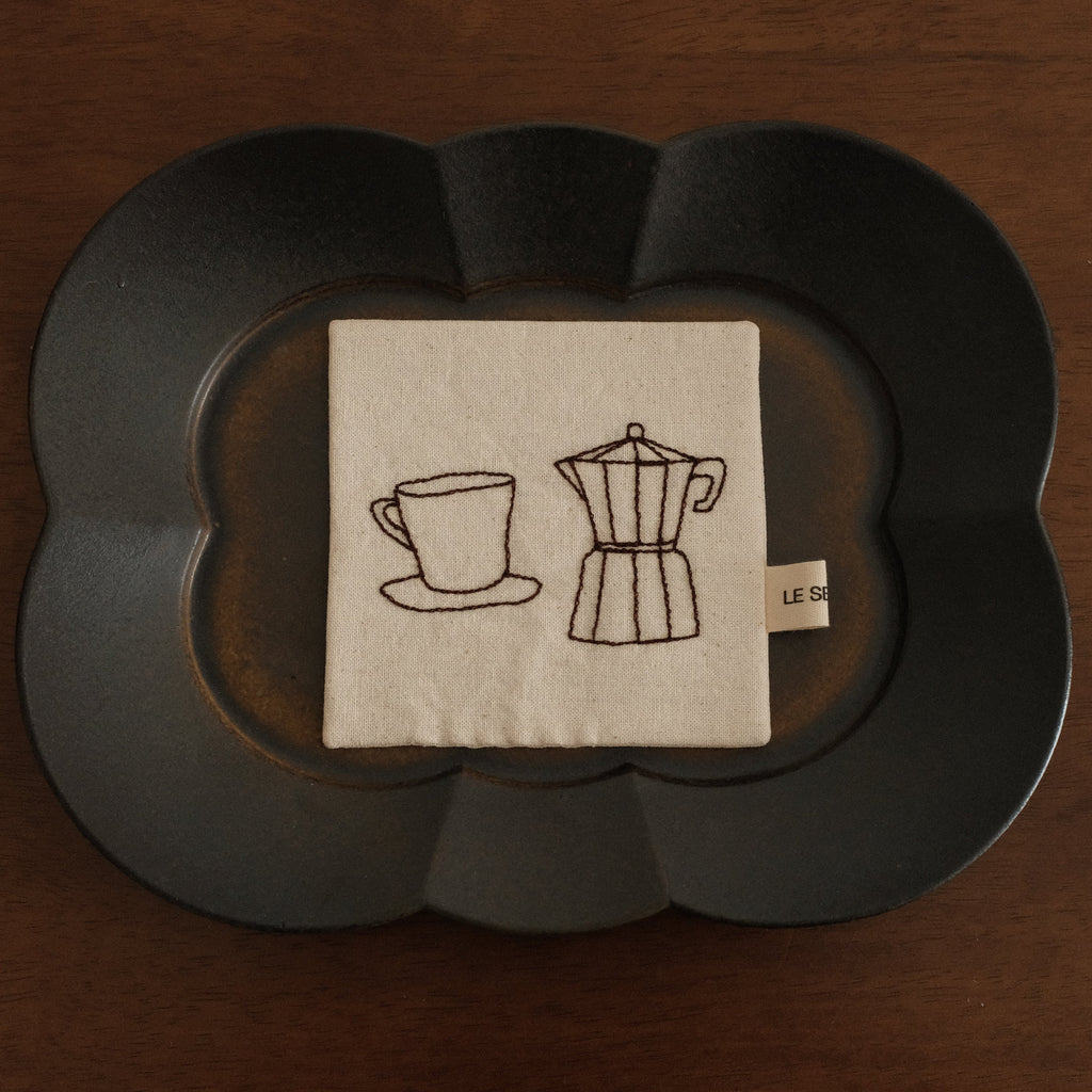 Le Serein Moka Pot with Cup Saucer Pattern Hand Embroidered French Linen Coasters Heat Insulation Table Mats Decorations
