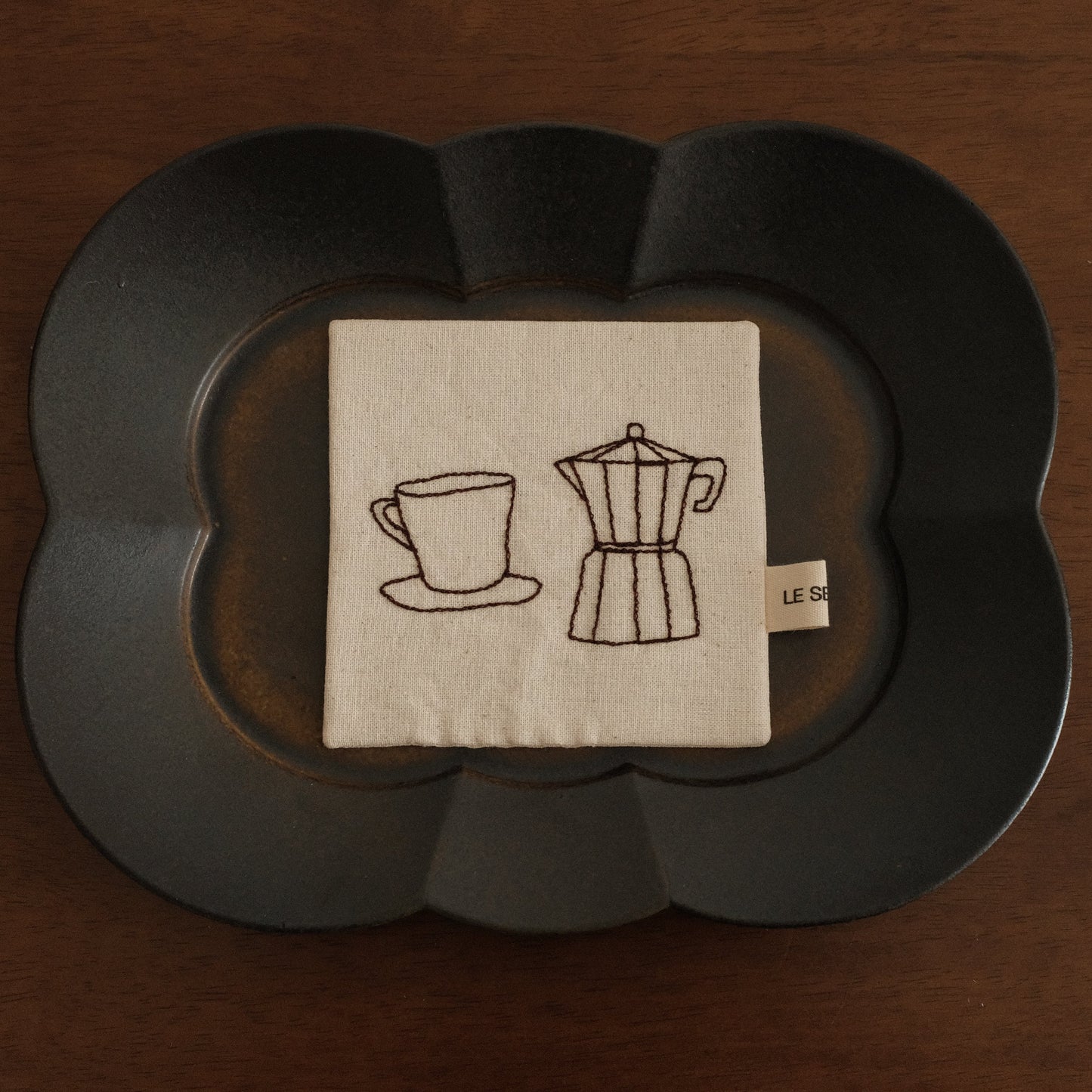 Le Serein Moka Pot with Cup Saucer Pattern Hand Embroidered French Linen Coasters Heat Insulation Table Mats Decorations