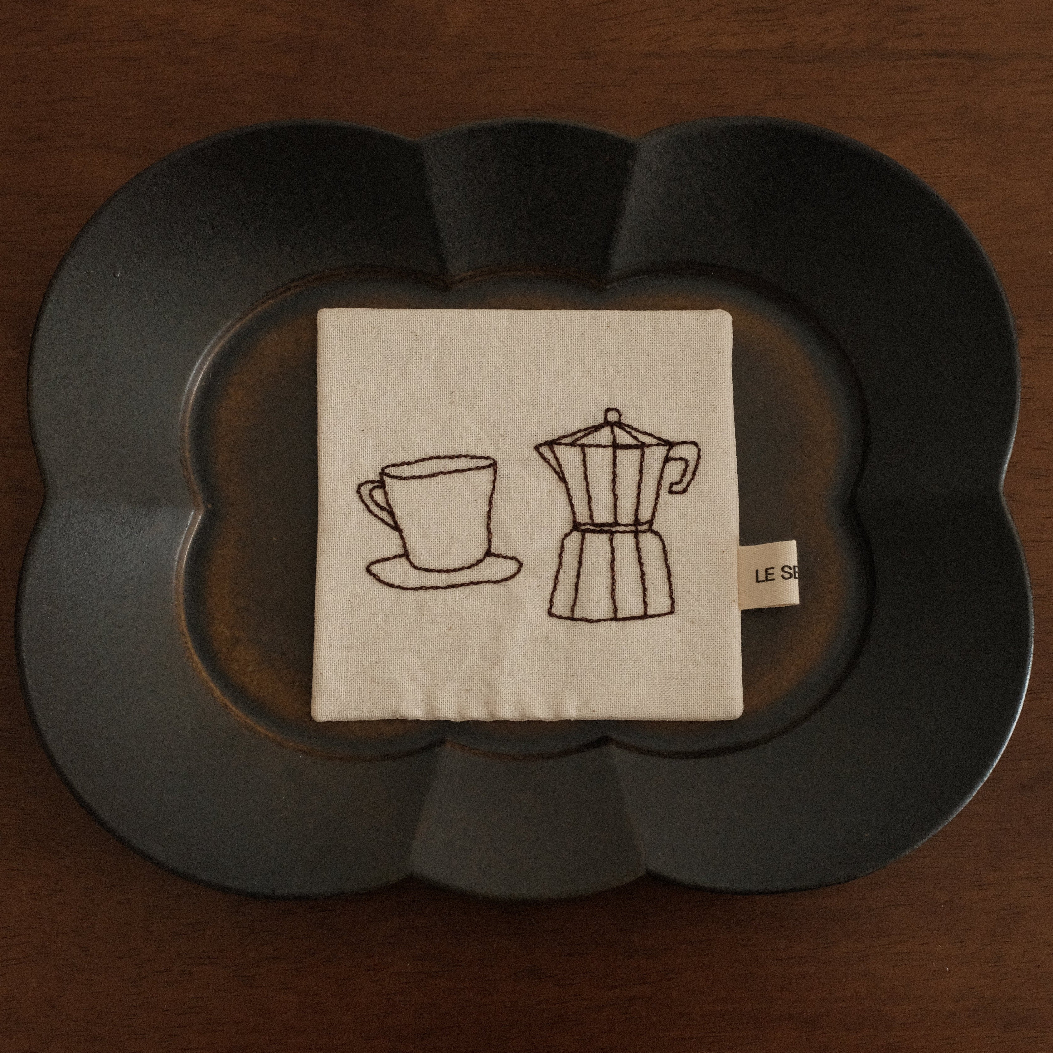 Le Serein Moka Pot with Cup Saucer Pattern Hand Embroidered French Linen Coasters Heat Insulation Table Mats Decorations
