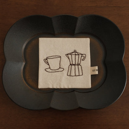 Le Serein Moka Pot with Cup Saucer Pattern Hand Embroidered French Linen Coasters Heat Insulation Table Mats Decorations