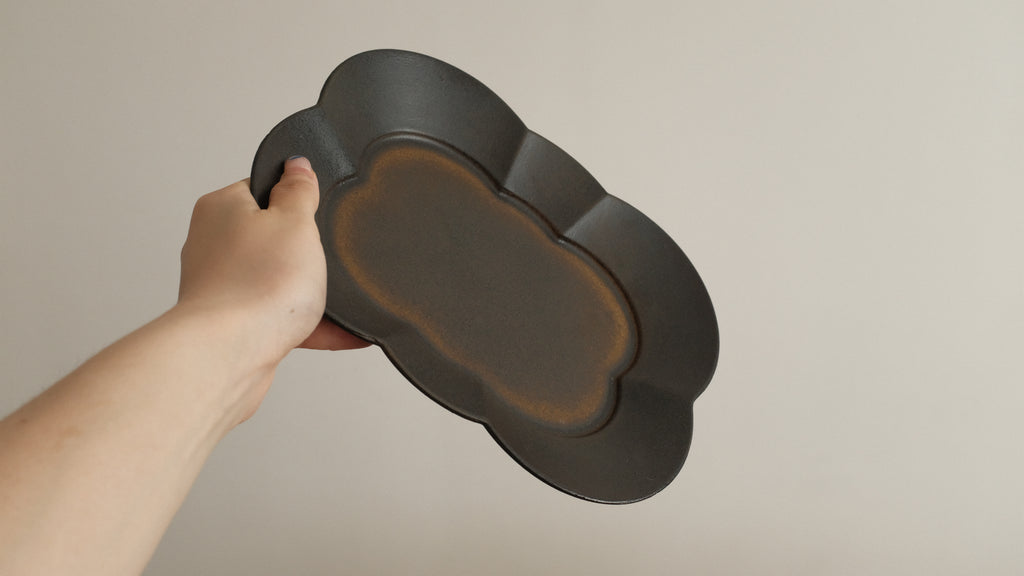 CAMILLE French Retro Six Petals Rectangular Dish Plate Ceramic Underglazed Powdered Glaze Stoneware