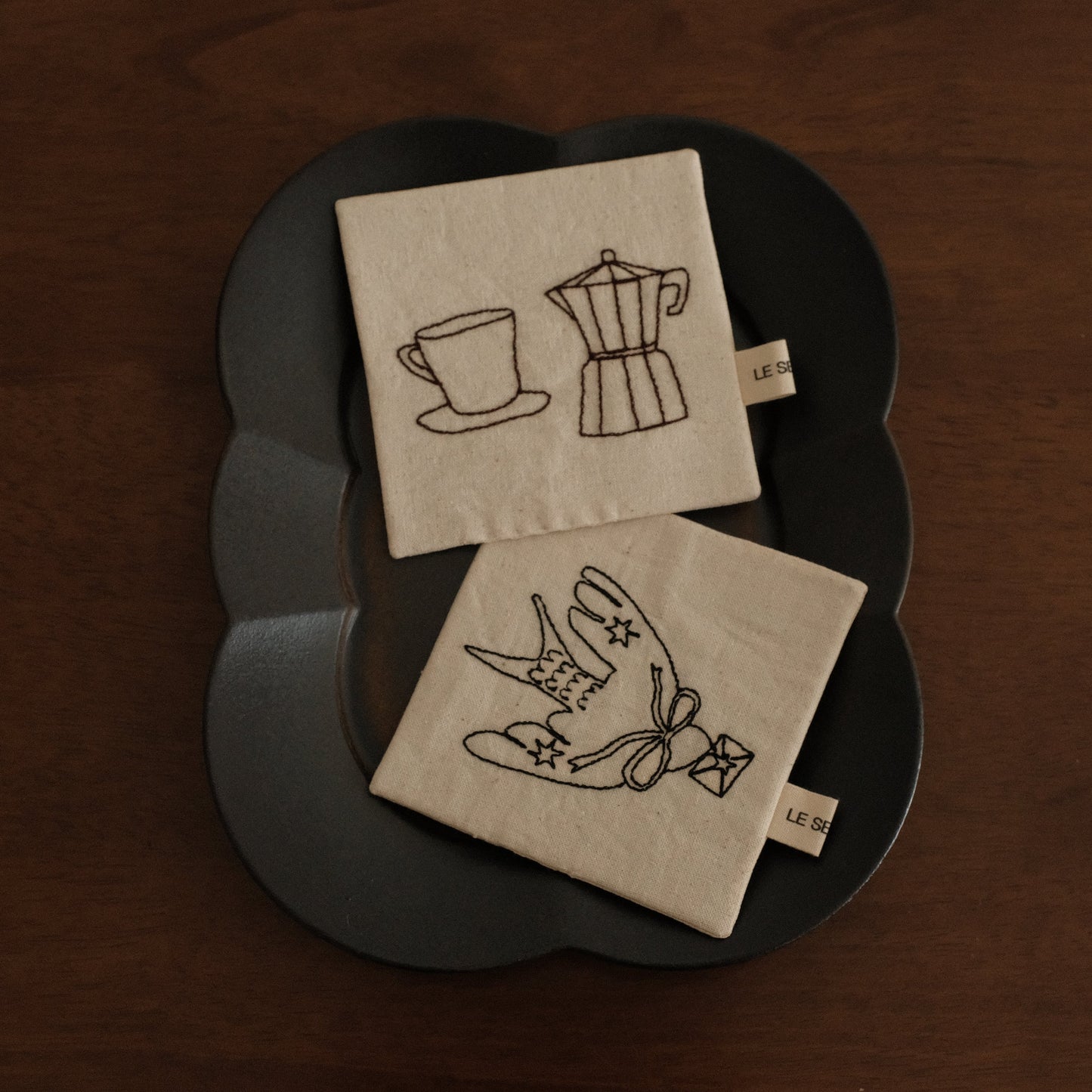 Le Serein Moka Pot with Cup Saucer Pattern Hand Embroidered French Linen Coasters Heat Insulation Table Mats Decorations