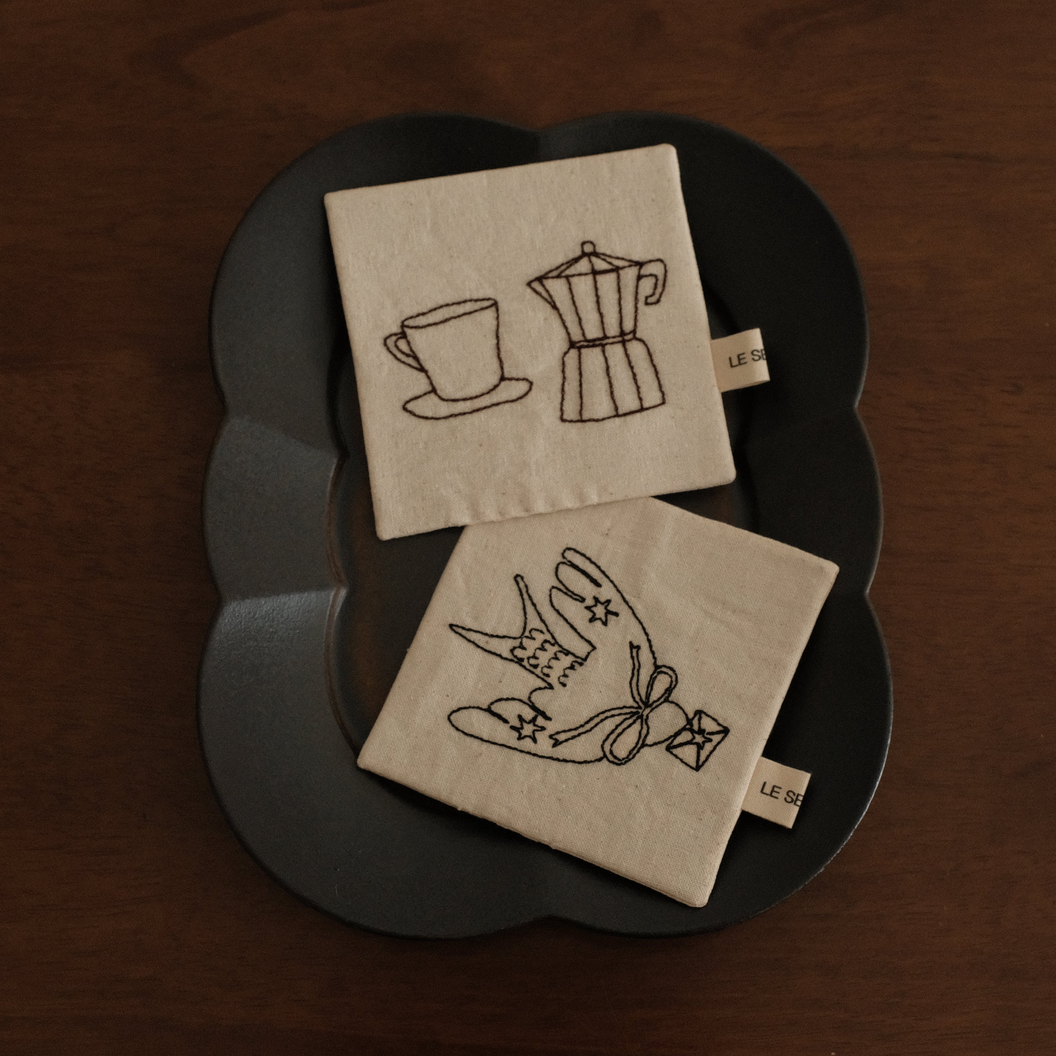 Le Serein Moka Pot with Cup Saucer Pattern Hand Embroidered French Linen Coasters Heat Insulation Table Mats Decorations