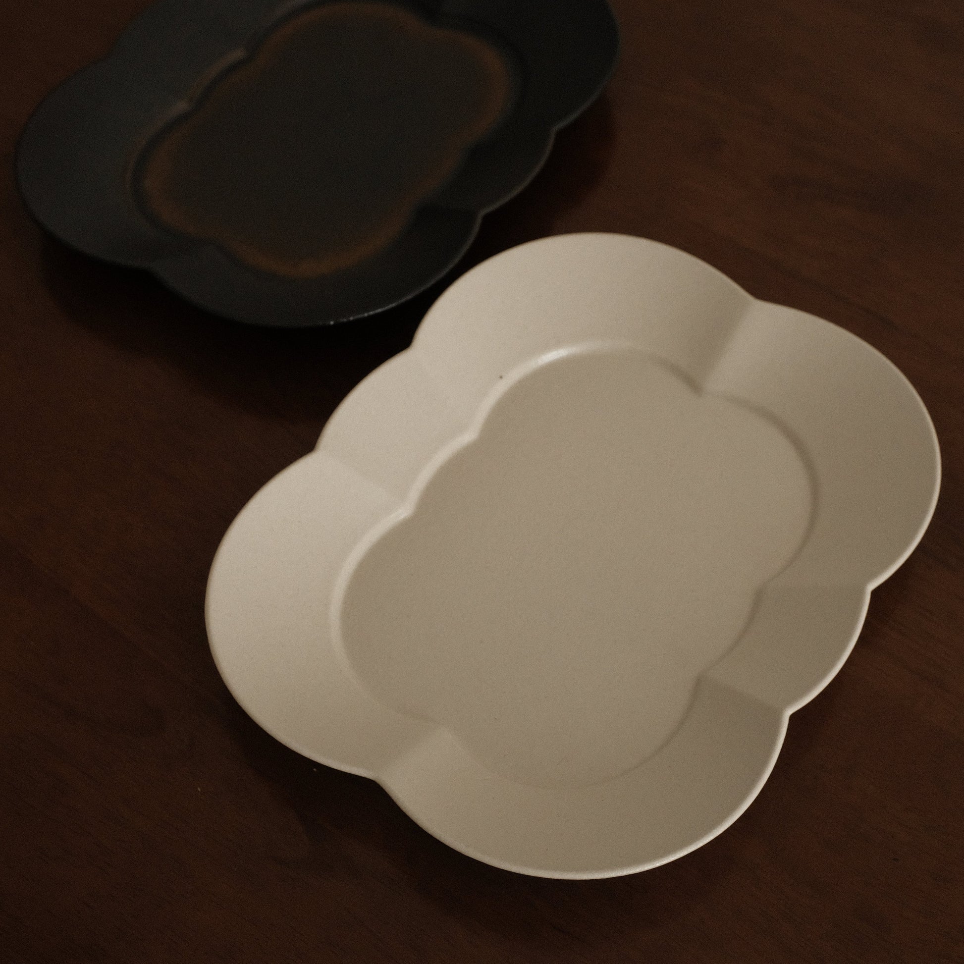 White ceramic plate on a dark brown surface