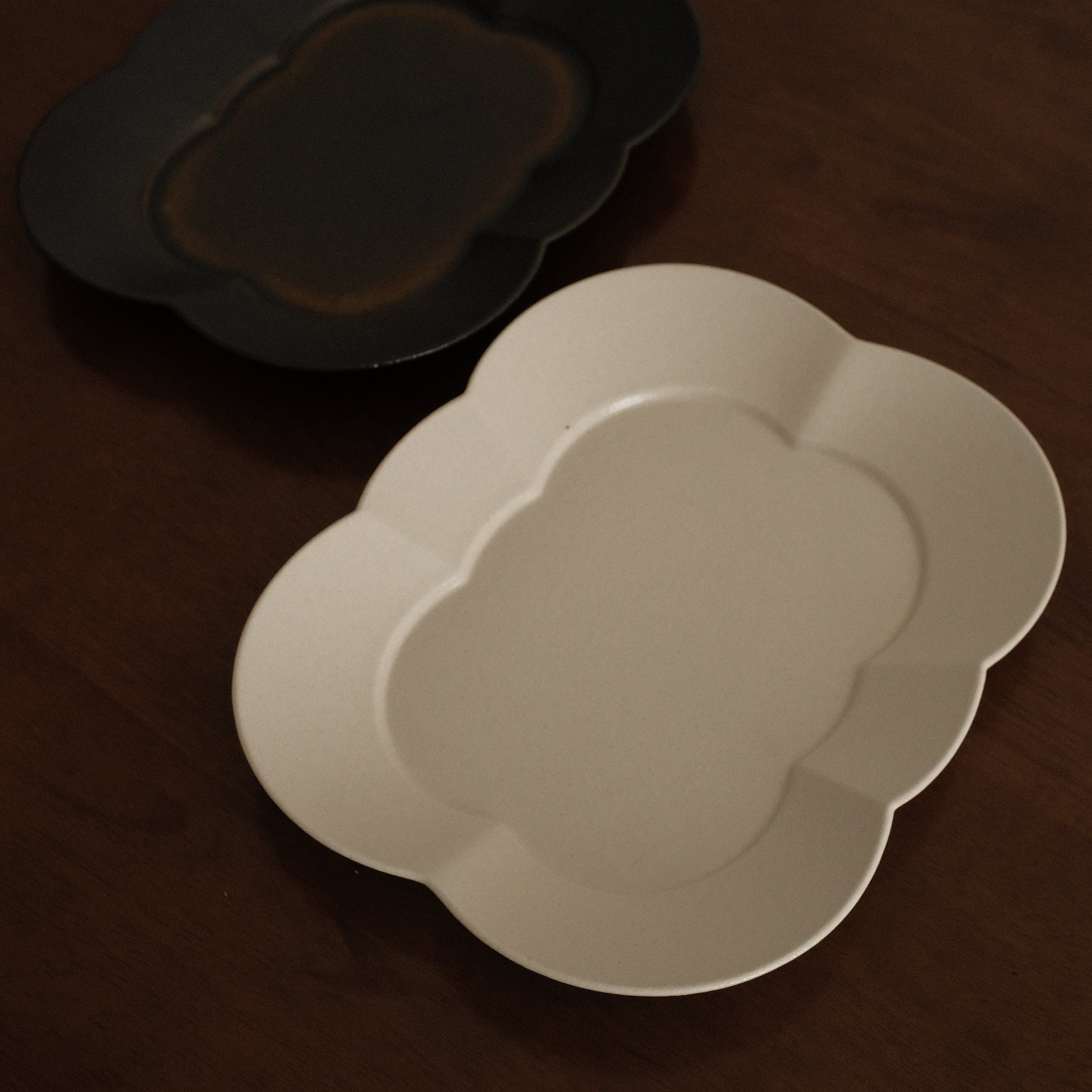 White ceramic plate on a dark brown surface