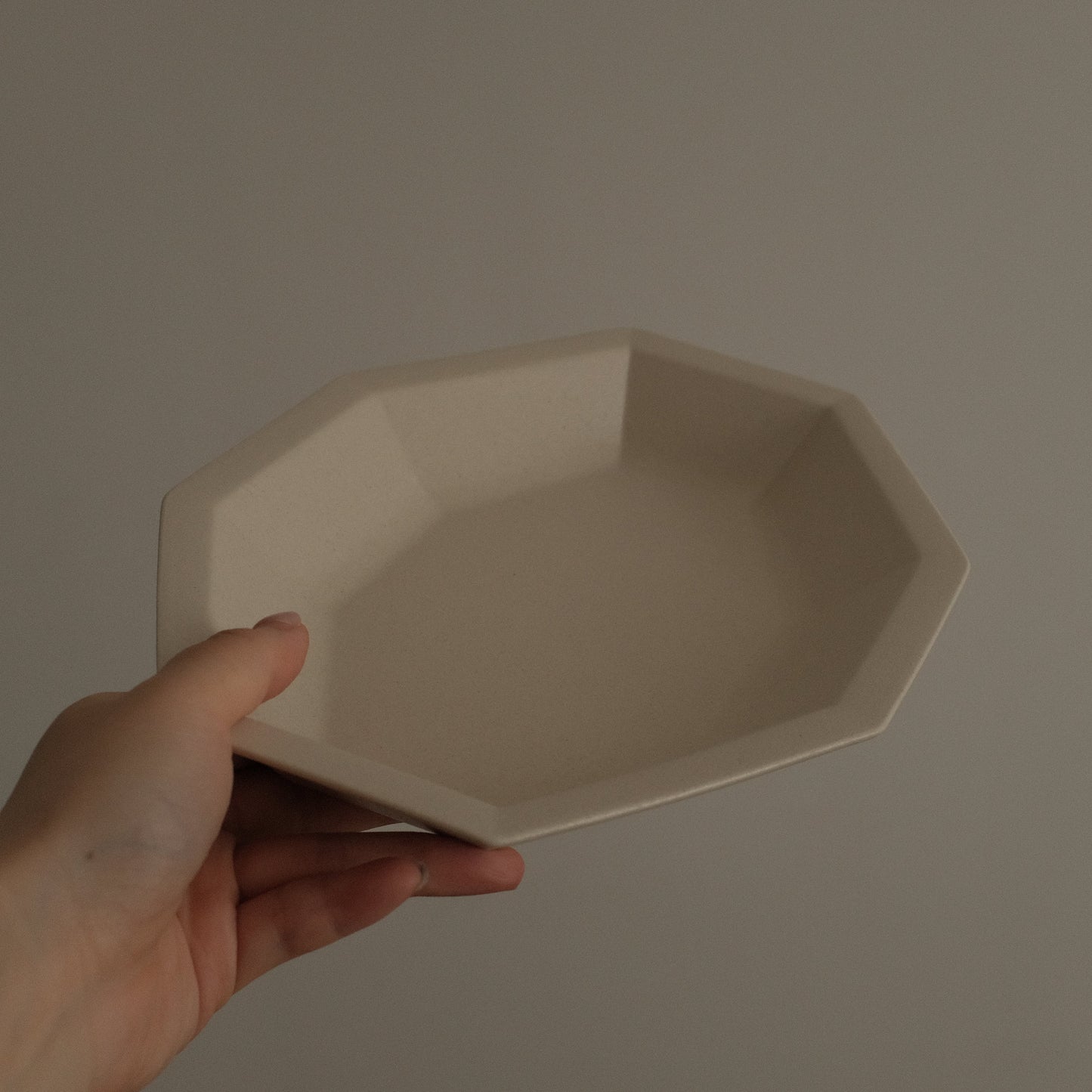 Hand holding a beige ceramic plate against a neutral background