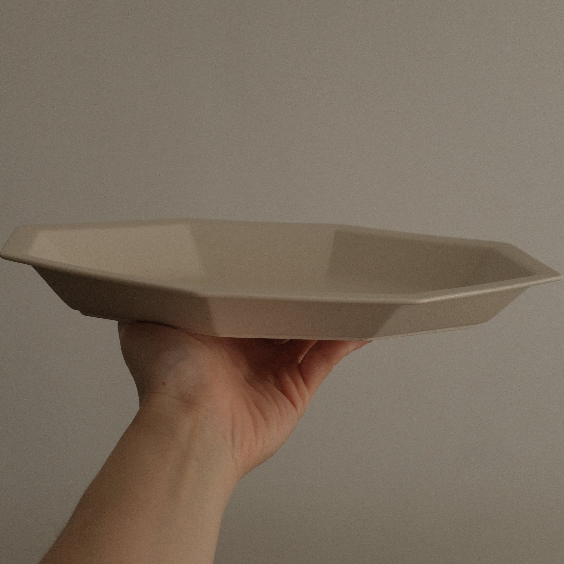 Hand holding a beige octagonal plate against a plain background