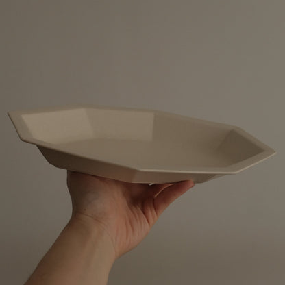 POISSON French Retro Ash White Long Octagonal Deep Plate Ceramic Underglazed Powdered Glaze Stoneware